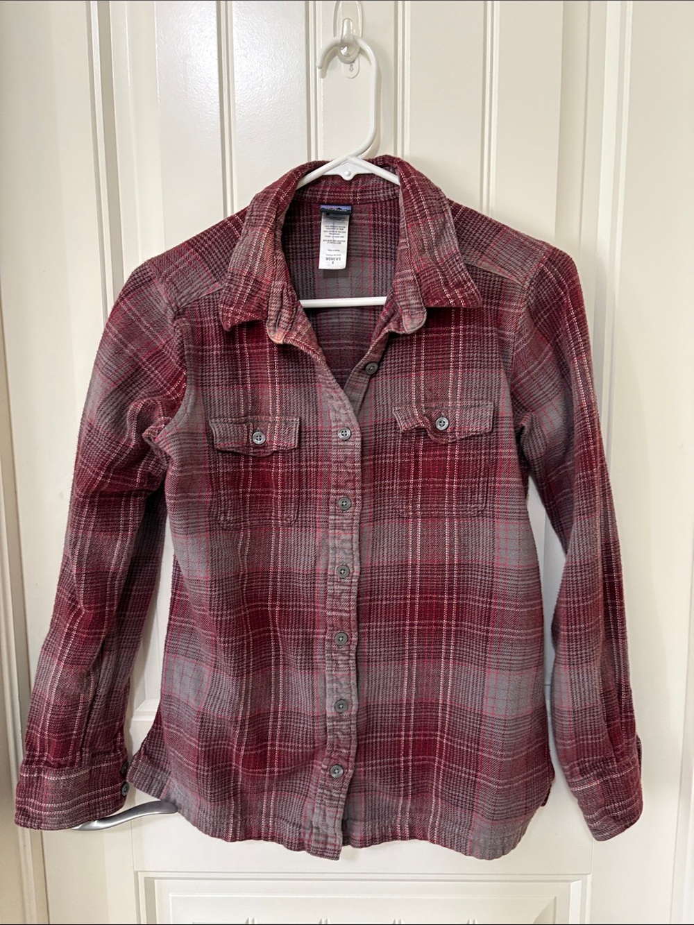 Patagonia Women's Red and Gray Plaid Button-Down Shirt